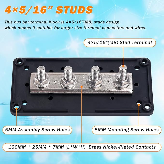 300A Heavy Duty Module Bus BAR 12V 24V 48V DC Power Distribution Block with 4 x 5/16" (M8) Studs, Gift 12pcs Cable Lugs and 20pcs Heat Shrink Tubing - Marine Bus Bar (Black-)