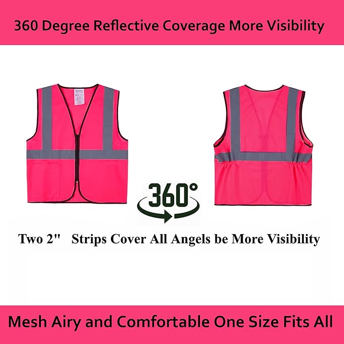 Pink Safety Vests 20 Pack - Reflective High Visibility Construction ANSI Class 2 Work Vests for Men,Woman with Zipper,Hi Vis Mesh and Neon Silver