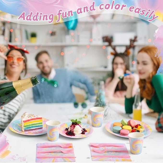 Pickmesh 400 Pcs Tie Dye Party Supplies Set Pastel Include Disposable Paper - Image 5