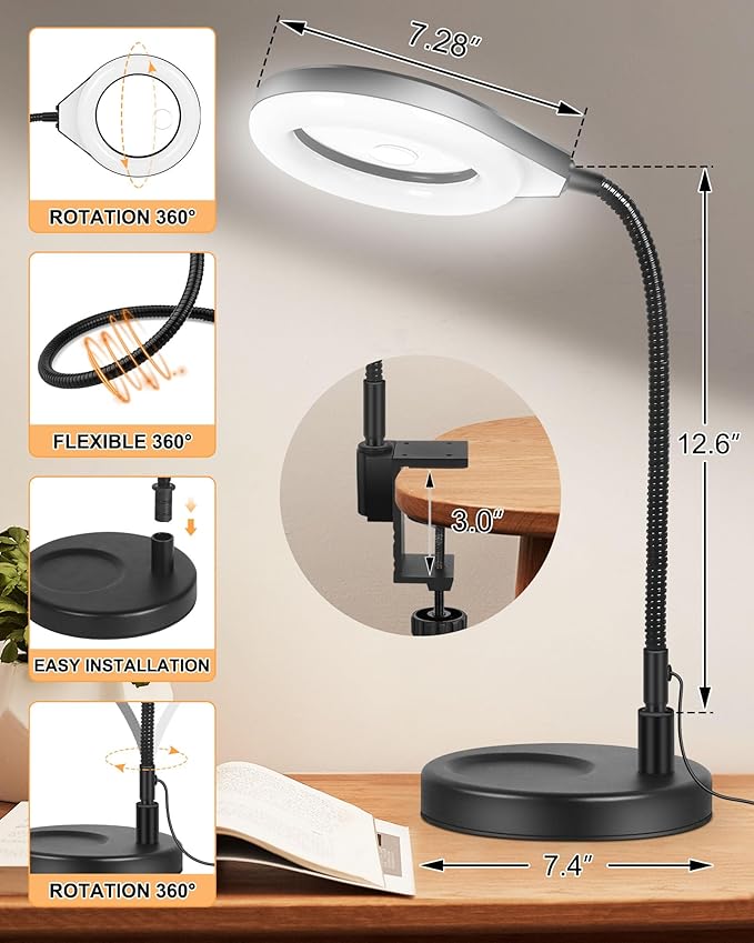 Flexible Gooseneck 2-in-1 Magnifying Glass with Light and Stand,10x & 5x Real Glass Lens Magnifying Lamp, 5 Color Stepless Hands-Free LED Desk Lamp with Clamp for Painting, Crafts, Reading (Blue)