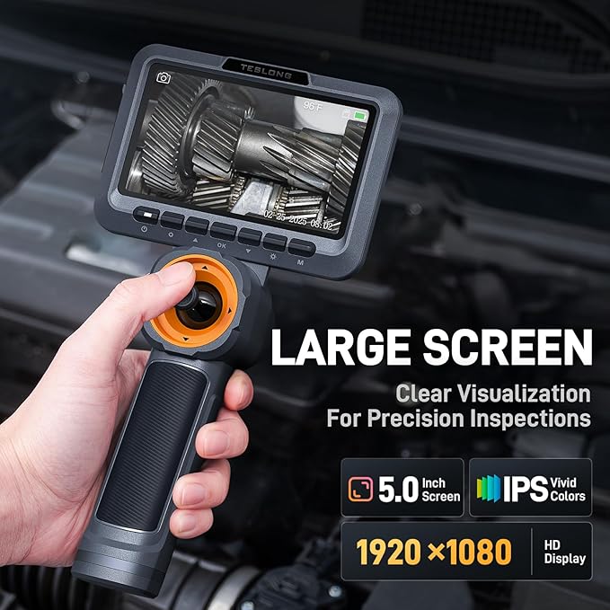 Teslong 360 Articulating Borescope with Light, 5'' Monitor Industrial Inspection Camera with 4-Way Joystick Articulation, HD Endoscope Camera for Automotive, Pipes, and Mechanics (0.24inch-5FT)