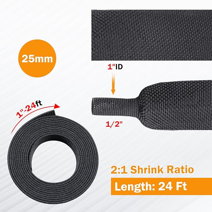 2:1 Heat Shrink Fabric Tubing Braided Sleeving Woven Wire Loom Shrinkable Cable Sleeve for Automotive Wire Harness/Cable Sheath (1"-24ft)