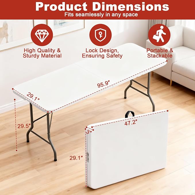 Elevon Folding Table, 8 Feet Heavy Duty Fold-in-Half Utility Table Indoor - Image 2