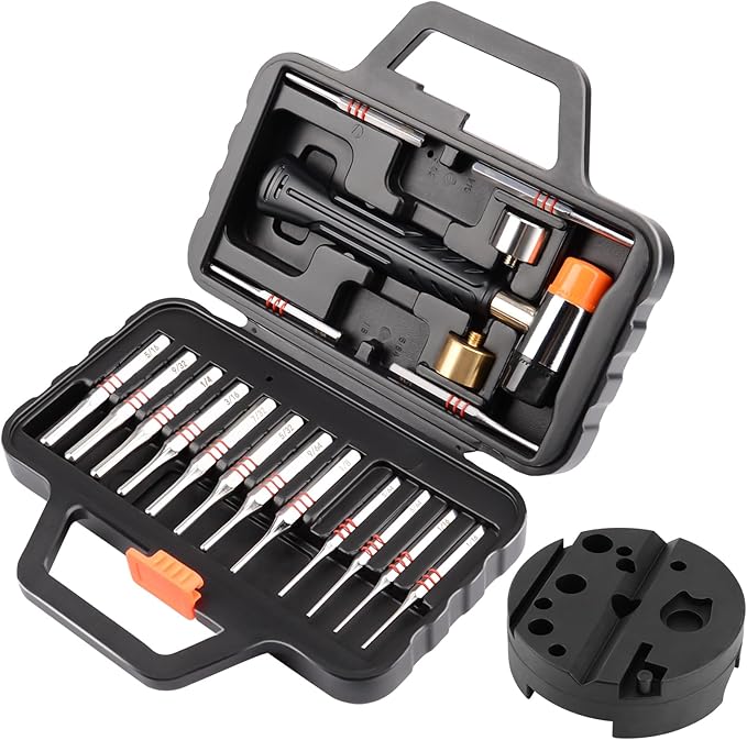 Pridefend Punch Set, Roll Pin Punch Set Made of Solid Metal Material,Elite Tool Including Steel Pin Punch Set, Roll Pin Starter Punch and Hammer,with Organizer Storage Box (with Bench Block)