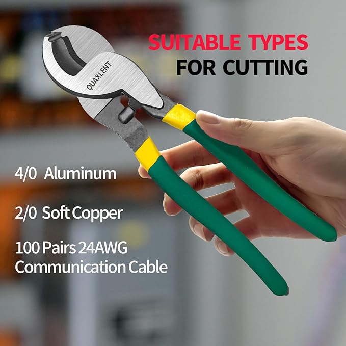 10 Inch Large Cable Cutter Heavy Duty High Leverage Big Wire Cutting Plier Tool for 4/0 Aluminum 2/0 Soft Copper and 100PR 24AWG Comm Cable, Green