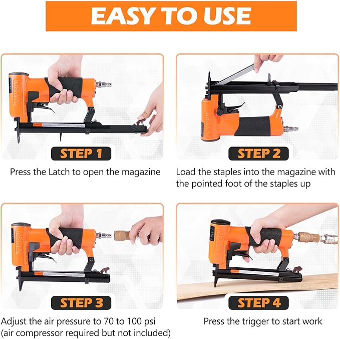 KN8016S 21 Gauge Pneumatic Upholstery Stapler for 80 Series Staples with 1/2" Crown Continuous Firing Mode Air Power Upholstery Staple Gun Fine Wire Stapler, DIY, Renovation, Furniture