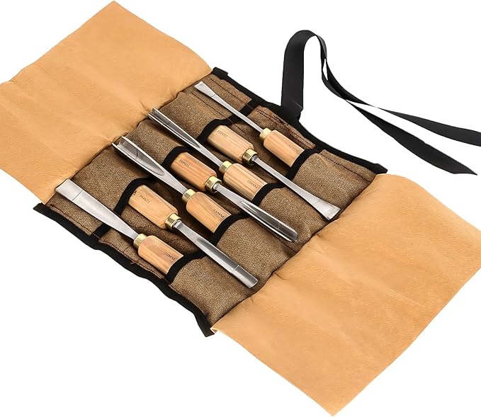 7-Pieces Woodworking Wood Carving Tools Chisel Set with Canvas Bag, Gouges and Carving Chisel Set, Razor Sharp CR-V 60 Steel Blades