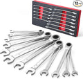 12pcs Ratchet Combination Wrench Set Metric And Standard, Ratcheting Wrench Set with Organizer Box, 12 Point Wrench Se t, Cr-V Constructed, 90-Teeth, Metric 8mm-19mm