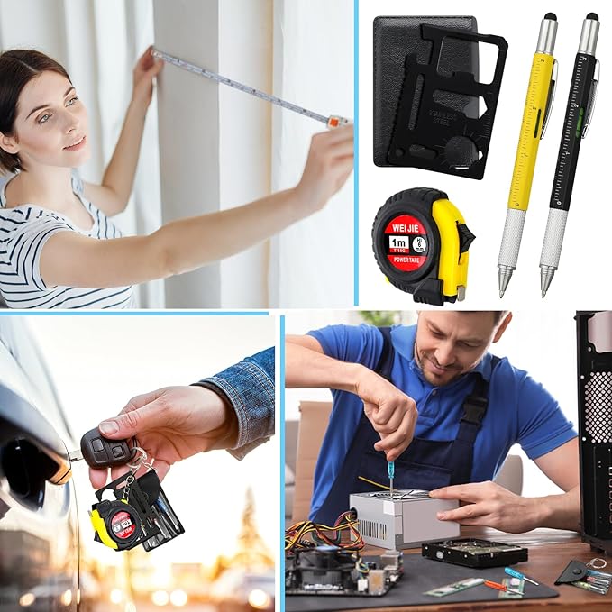 192 Pcs Mini Tape Screwdriver Keychain Set Christmas Men Gifts Bulk Adult Party Favors Multitool Pen Card Tool Measuring Keychains Stocking Christmas Stuffers for Men Dad (Yellow,Black)