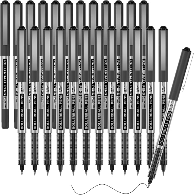 Shuttle Art RollerBall Pens, 25 Pack Black Fine Point Roller Ball Pens by ShuttleArt