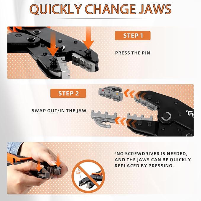 KF CPTEC 5PCS Ratchet Wire Crimping Tool Kit with Quick-Change Jaws for Heat Shrink, Insulated & Non-Insulated Connectors, Ferrules, Open Barrel, OT & UT Terminals – with Storage Case