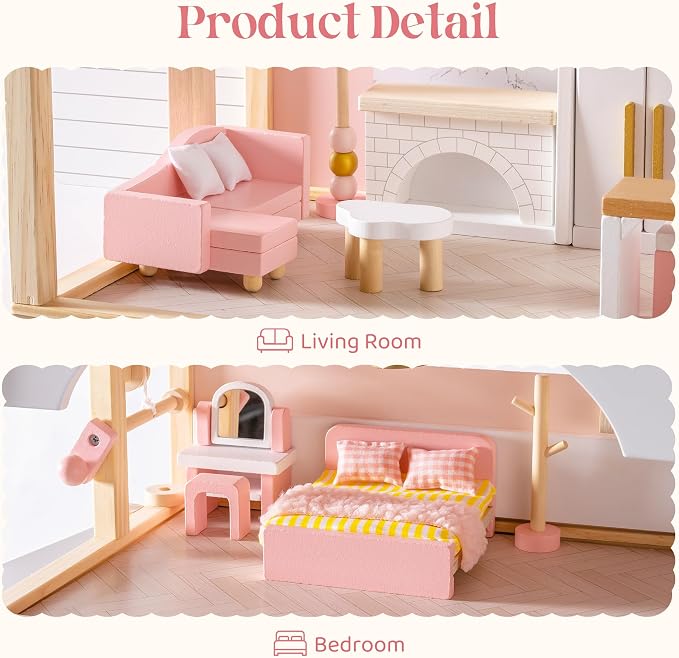 ROBUD Wooden Dollhouse Furniture Set, Miniature Furniture Including 6 Room Kits - Image 4