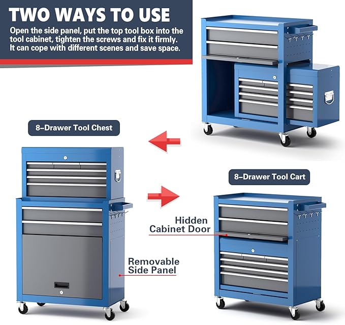 Tool Chest 8-Drawer | 42'' Large Rolling Tool Chest with Wheels | Detachable Top Metal Tool Box | Garage Storage Cabinet for Repair Room,Warehouse | Rolling Tool Box with Hooks,Liners,Tray Divider