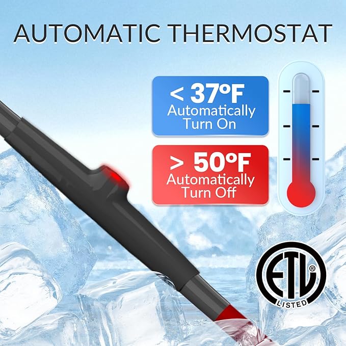 14 FT Heat Tape for Water Pipes Freeze Protection with Thermostat, Electric Heat Trace Pipe Heating Cable Energy-Saving 120V 7W/FT