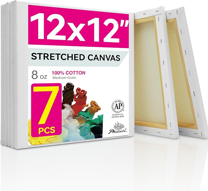 PHOENIX Stretched Canvas for Painting 12x12 Inch/7 Value Pack, 8 Oz Triple by PHOENIX