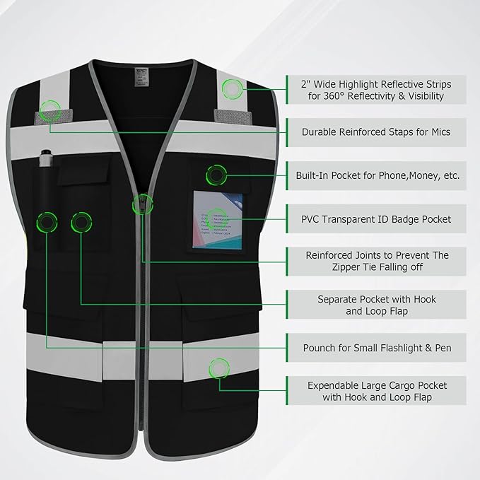 TCCFCCT Reflective Safety Vest with 5 Pockets High Visibility Vest for Men Women, Work Vest with Horizontal Strip for Walkie-talkie and ID Card, Meets ANSI/ISEA Standards, Black, 4XL