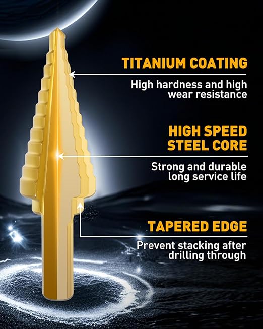 COMOWARE Step Drill Bit Set 5-Piece Titanium-Coated with Automatic Center Punch HSS- Covering 50 Sizes, Complete with Aluminum Case