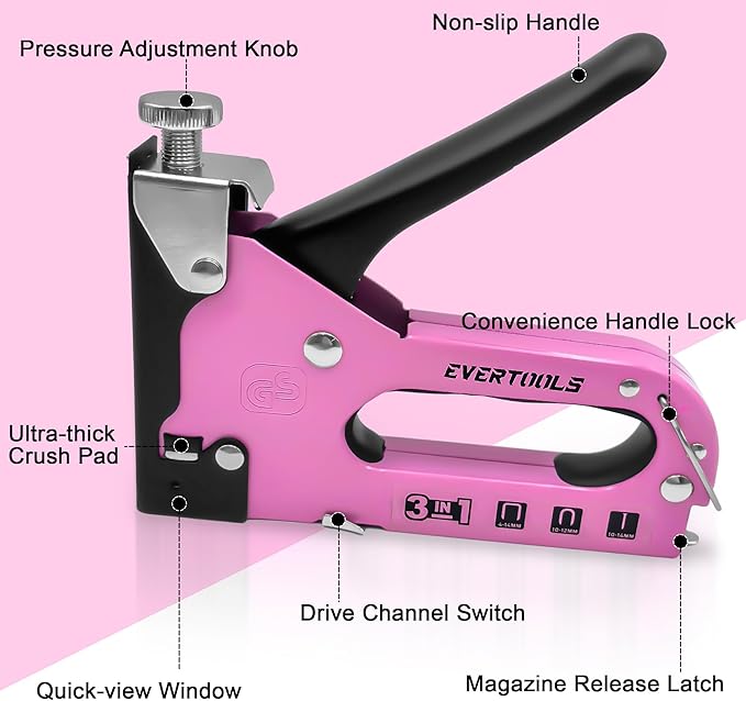 3 in 1 Staple Gun, Women Pink Manual Stapler with 600 Staples, for Wood, Cable, Crafts, Fabric, Decoration, Carpentry, Furniture, Material Repair and DIY.