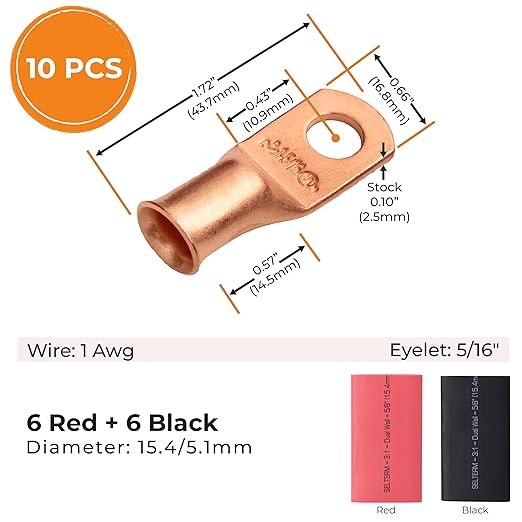 SELTERM 10pcs - 1 Awg - 5/16" Stud - Battery Lugs - Ring Terminal Connectors | with 12pcs 3:1 Black & Red Heat Shrink Tubing with Adhesive | Heavy Duty Battery Cable Ends - Bare Copper Wire Lugs Kit
