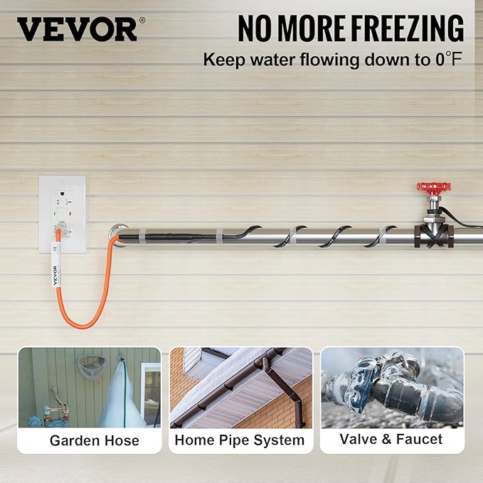VEVOR Self-Regulating Pipe Heating Cable, 60-feet 5W/ft Heat Tape for Pipes Freeze Protection, Protects PVC Hose, Metal and Plastic Pipe from Freezing, 120V