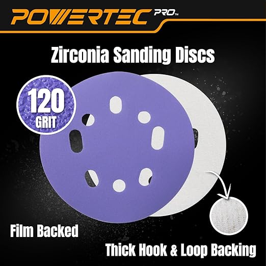 POWERTEC PRO 50PK, 5 Inch Sanding Discs Hook and Loop, 120 Grit, Zirconia Orbital Sander Sandpaper for 5 & 8 Hole Random Orbital Sanders - Automotive, Paint, Metal, Woodworking (45312Z-50)