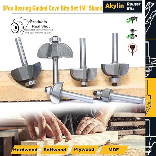 6pcs Cove Router Bit Set,1/4" Shank,Radius 1/8",3/16",5/16",3/8",7/16", and 1/2",Cove Edging Cutter for Wood Edge Profiling,Molding
