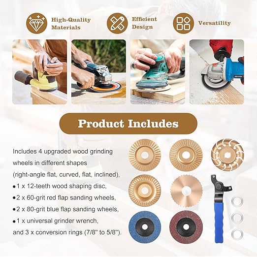 10PCS Wood Carving Disc Set for 4" & 4-1/2" Angle Grinder, Includes Grinding, Shaping & Sanding Discs with 5/8" Arbor for Woodworking & DIY Projects