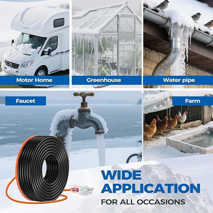 5W/FT 120V Pipe Heat Tape 100FT (3FT-200FT) - Freeze Protection Heating Cable for Metal/Plastic Water Pipes, Maintains Flow at -40°F