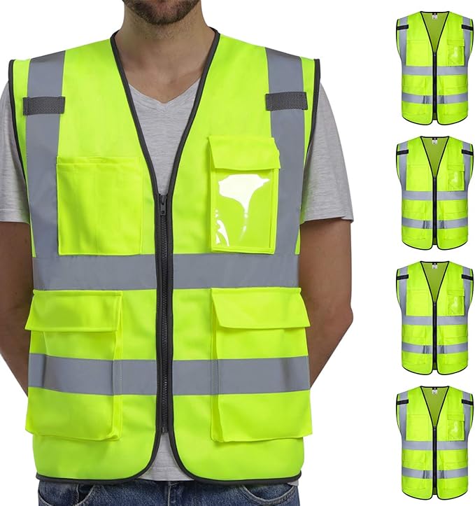Dib Safety Vest Reflective ANSI Class 2, High Visibility Vest with Pockets and Zipper,Hi Vis Yellow 5 Pack XL
