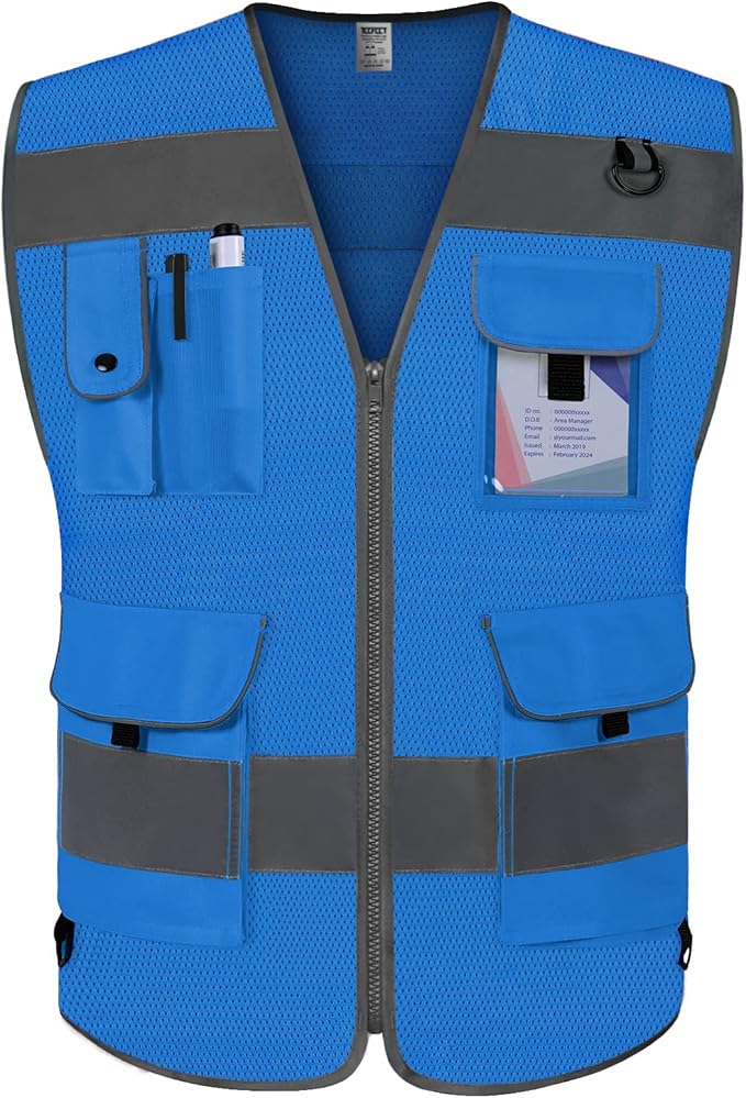 TCCFCCT Mesh Reflective Vest 9 Pockets High Visibility Safety Vest for Men Women, Hi Vis Construction Vest with Reflective Strips, Meets ANSI/ISEA Standards, (Blue, Small)
