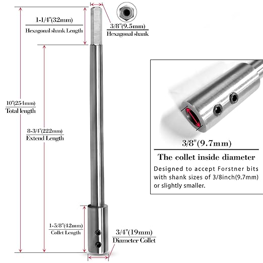 ASNOMY 10 Inch Extra Long Forstner Bit Extension for Adding Over 8-3/4 inches of Drilling Depth to Your 3/8" Round or Hex Shafts Forstner Bit