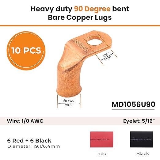 SELTERM 10pcs - 1/0 AWG 3/8" Stud 90° Bent Battery Lugs - Ring Terminal Connectors with 12pcs 3:1 Black & Red 3/4" Heat Shrink Tubing - Heavy Duty Battery Cable Ends - Bare Copper Wire Connectors Kit