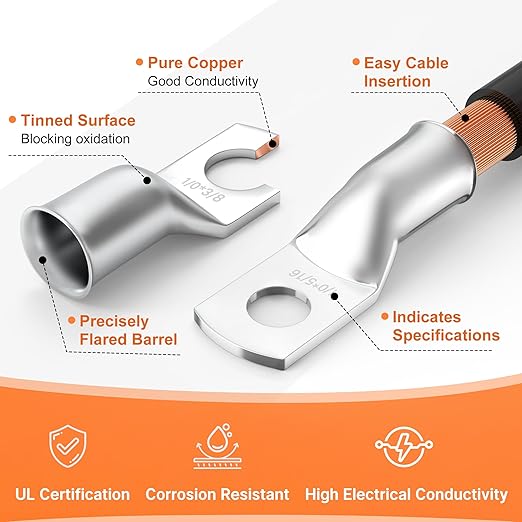 Kuject 220PCS Tinned Copper Wire Lugs Kit AWG 1 2 4 6 8 1/0 2/0 Gauge, Heavy Duty Battery Cable Lug Ends, Ring Terminal Connectors Assortment with 110PCS 3:1 Heat Shrink Tubing