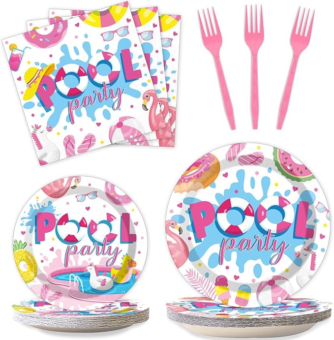 Qyeahkj 100 Pcs Summer Pool Party Plates and Napkins Set Pink Swimming Pool by Qyeahkj
