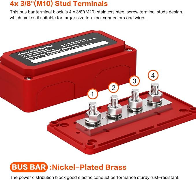 2pcs 300A Bus Bar Brass Power Distribution Block 4 3/8 inch (M10) Studs Busbar Positive Negative Ground Terminal Block Junction Block Buss Bar with Cover for Marine Car RV Boat Solar