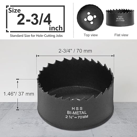 2-3/4 Inch Hole Saw with 3/8" Triangle Shank Quick Change Arbor, JTemgle Bi-Metal Hole Saw Heavy Duty Hole Cutting Tool for Cornhole Boards, Recessed Lights, Wood, Plastic, Drywall & Soft Metal