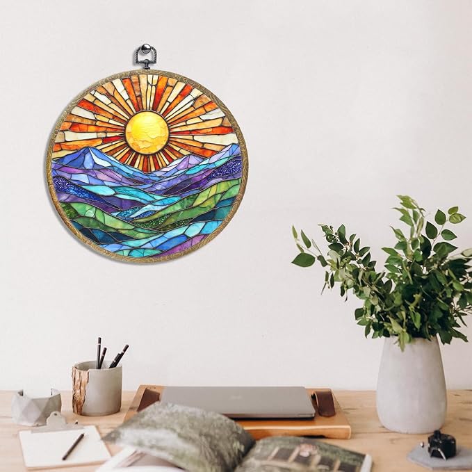 Colorful Mountain Sunset Bohemian Style Rainbow Sunrise Art Gift Framed Round - Image 4