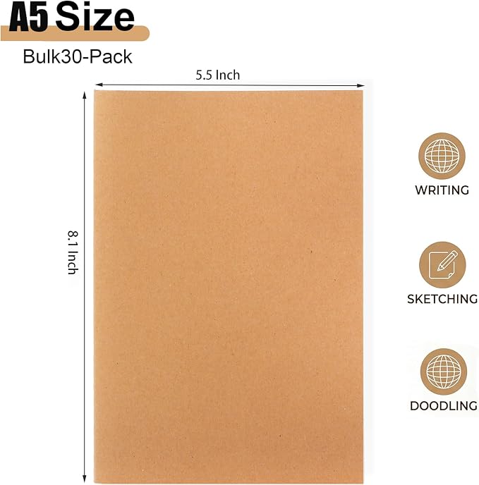 Nicunom 30 Pack A5 Kraft Notebooks, Bulk Blank Journals - Image 2