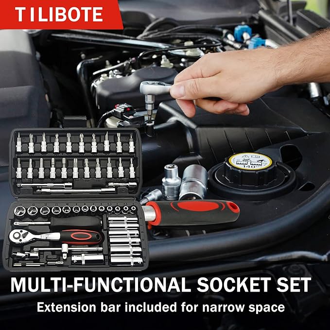 Socket Wrench Set, 53PCS 1/4 Inch Ratcheting Wrench Set And Extension Bar Gimbal Slide Bar Extension Sockets, Set For Automotive Repair And Home Use.