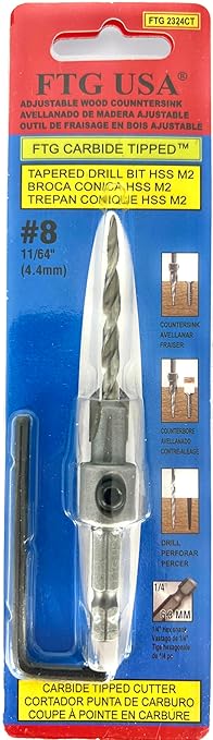 FTG USA #8 (11/64") Tungsten Carbide Tipped 82 Degree Countersink Drill Bit with Tapered Drill Bit, 1/4 Inch Quick Change Hex Shank and Allen Wrench