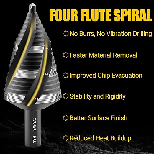 Four Spiral Flute Step Drill Bit Set, 5 Pieces 1/8"-1-3/8" HSS Unibit Step Drill Bit, 1/4" and 3/8" Shank Step Bits for Metal, Aluminum, Wood, Plastic