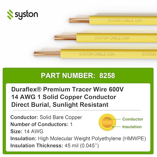 14 AWG Tracer Wire 600V 100% Solid Copper Conductor Direct Burial Underground, Yellow Tracer Wire for Locating Underground Pipes and Lines Gas Electrical Wire Water Sewer Pipe and Fiber Optic, 250 FT