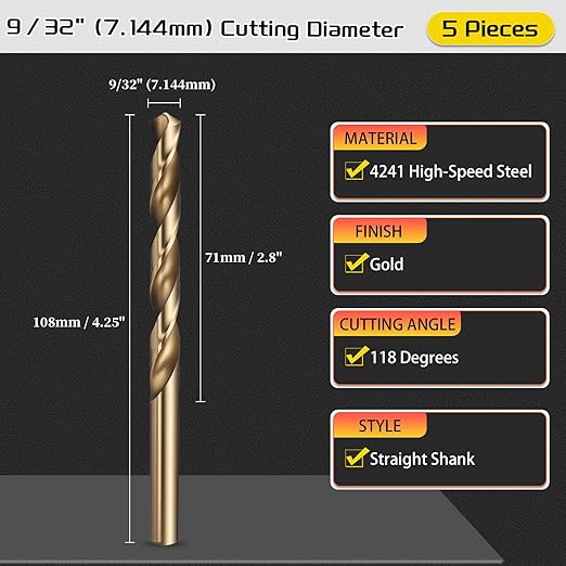 Drill Bit, 9/32" Cutting Diameter (7.144mm), 4241 HSS Gold 118° Cutting Angle Versatile Jobber Bits - (Applications: for Drilling Plastic Wood Soft Thin Metal), 5-Pieces