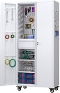 Aobabo Metal Storage Cabinet with Wheels and 1 Interior Drawer, Steel Rolling Tool Cabinet with 16 Hooks and 2 Adjustable Shelves for Garage, Home, Office, Kitchen Assembly Required, White