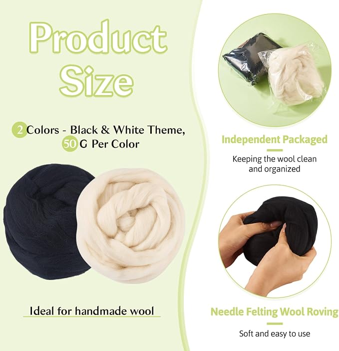 100G Black White Wool Roving for Needle Felting, Soft Chunky Wool Yarn - Image 2