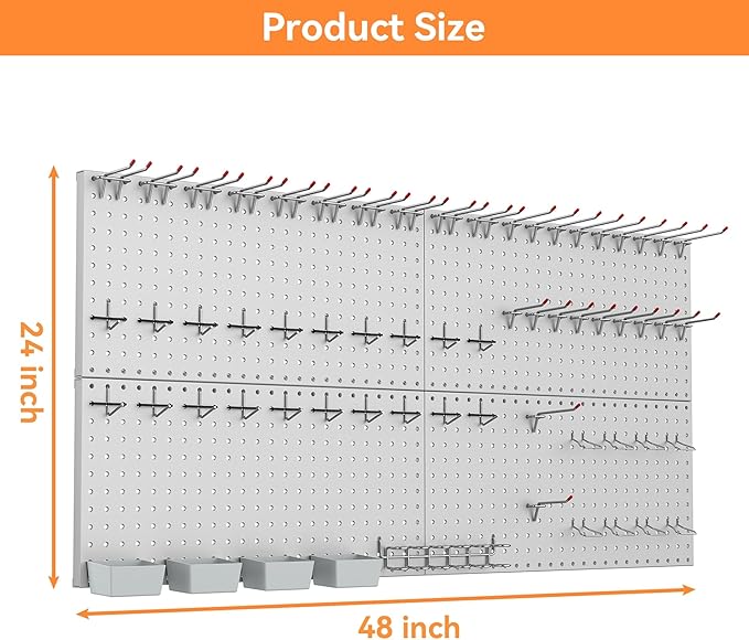 WALMANN Metal Pegboard Kit with Accessories for Wall Garage Tools Storage Pegboard System for Garage, Workbench, Modular Peg Board Tool Organizer Board with Hooks(Grey)
