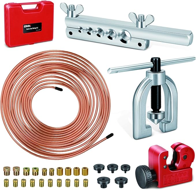 DNA MOTORING Brake Line Tubing Kit, 25 Ft. of 3/16 Copper Coated Flexible Tube, Upgraded Brake Line Tube Roll with 16 Fittings and 4 Unions, TOOLS-00773