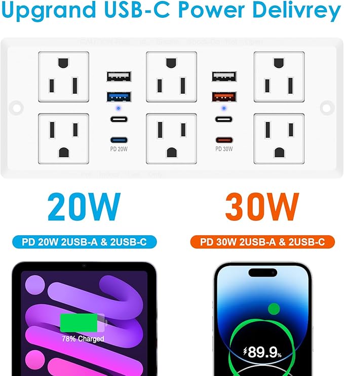 Recessed Power Strip with PD 30W Fast Charging, Conference Desk Flush Mount Outlets Plug in 6 Outlets & 8 USB Ports,3FT Cord Furniture Drawer Outlet White