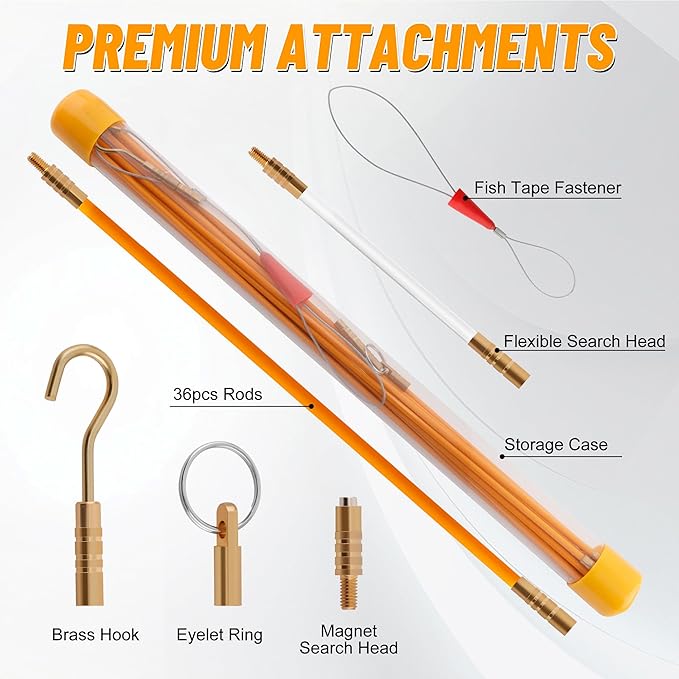 KOOTANS 50FT Fiberglass Running Electrical Wire Cable Glow Rods Wire Pulling Tools Fish Tape Wire Puller Through Wall Snake for Wires Cable Fishing Rod Kit with Different Attachments