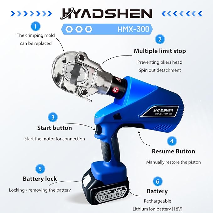 Electric Hydraulic Cable Lug Crimper Pliers Rechargeable Crimping Tool 6 Ton Electrical Terminal Cable Wire Fiber Crimper Kit with 11 Dies (HMX-300)